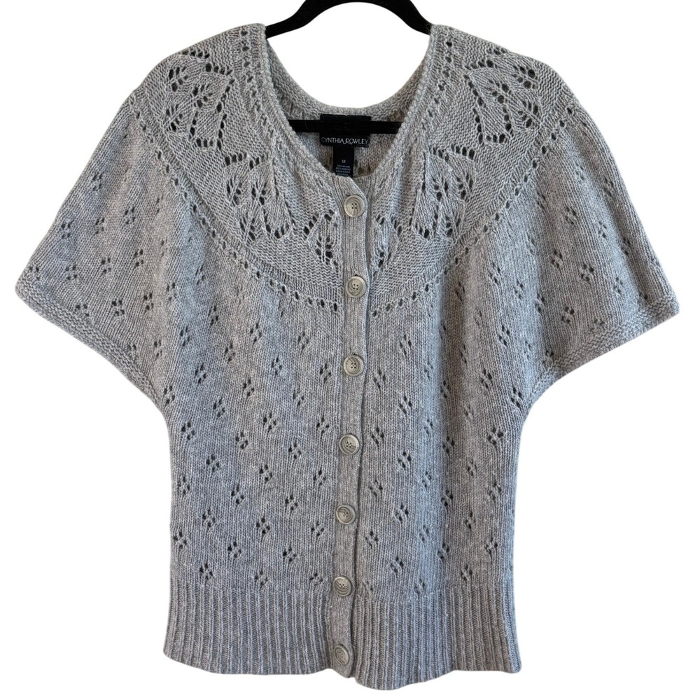 Cynthia Rowley Cardigan Gray Size M Angora Wool Cottagecore Pointelle Shrug